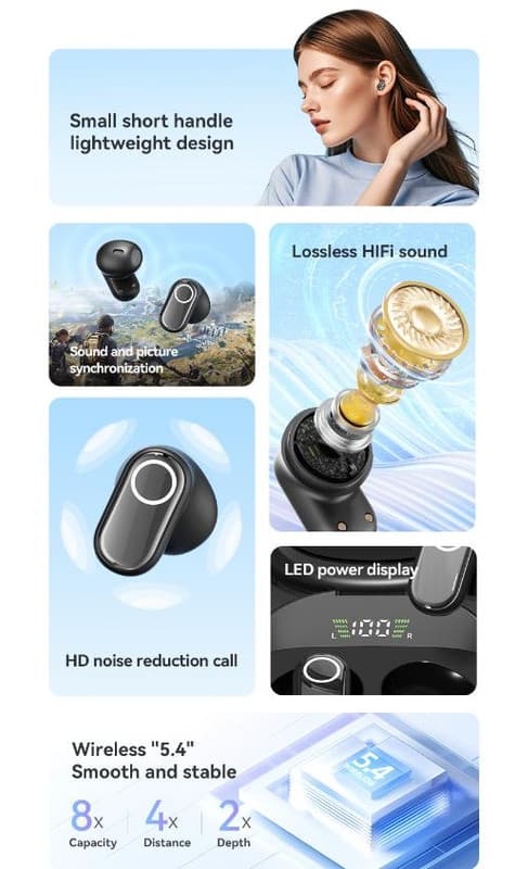 Beige Feather-Light TWS Earbuds - Bluetooth 5.4, Hi-Fi Sound, LED Display
