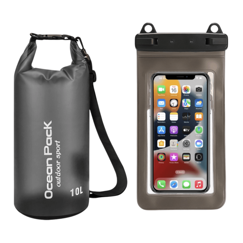 Black 10L PVC Waterproof Swimming Bag Bonus with Waterproof Phone Pouch