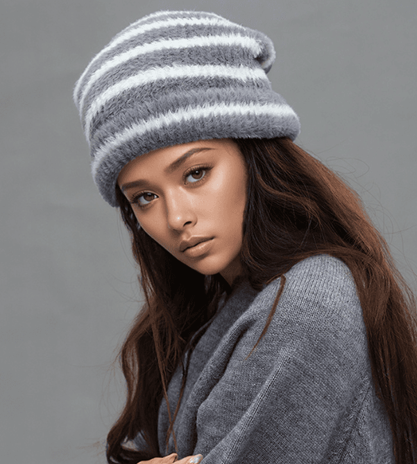 Trendy Dual-Tone Striped Beanie - Soft Plush Knit - Gray and white