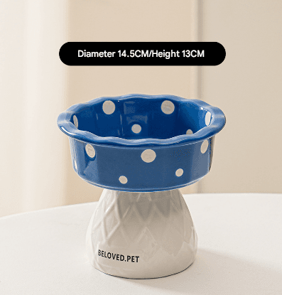 Blue Mushroom Ceramic Elevated Cat Bowl - Anti-Vomiting & Spine Protecting