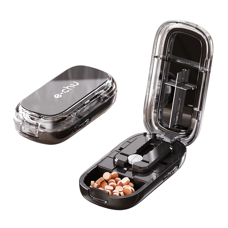 Black Portable Mini Pill Organizer with 1/2 & 1/4 Precision Cutter