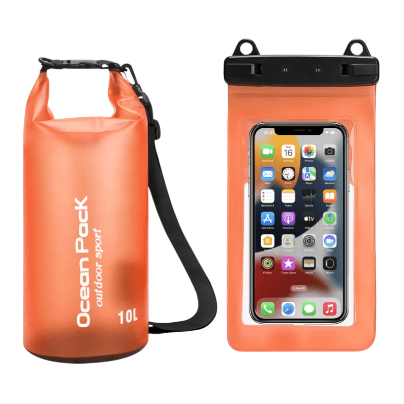 Orange 10L PVC Waterproof Swimming Bag Bonus with Waterproof Phone Pouch