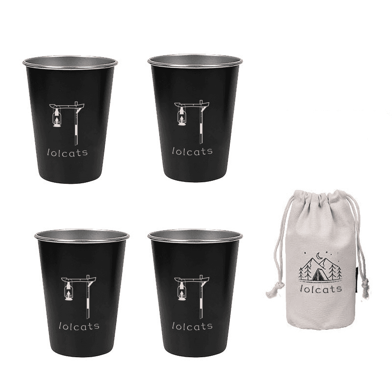 Black 304 Stainless Steel Camping Cup - 350 ml Outdoor Drinkware(4-Piece Set