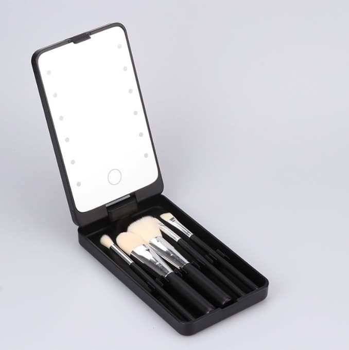 2-Piece Black Portable LED Makeup Mirror with Brush - Foldable, Rotatable