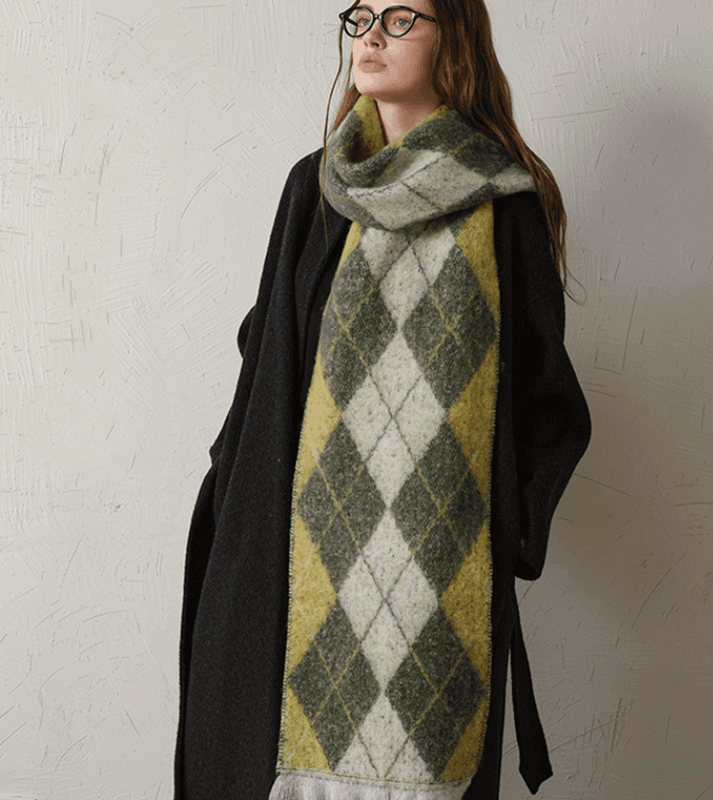 (Yellow+Green) Two-Tone Argyle Pattern Scarf - Ladies' Warm - Yellow Green