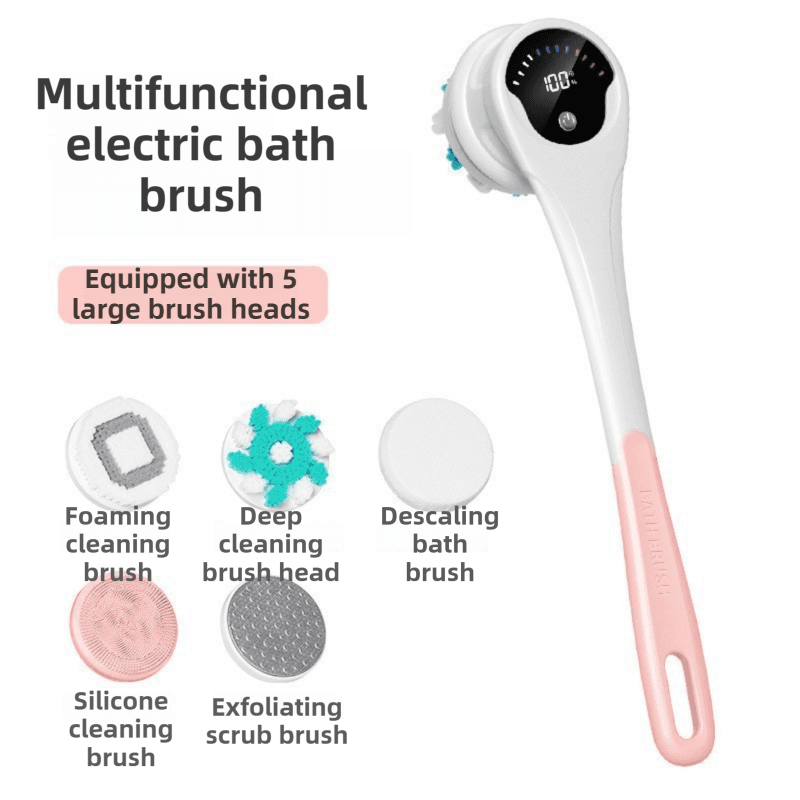 Pink Electric 360°Rotating Shower Brush with Long Handle for Back Scrubbing
