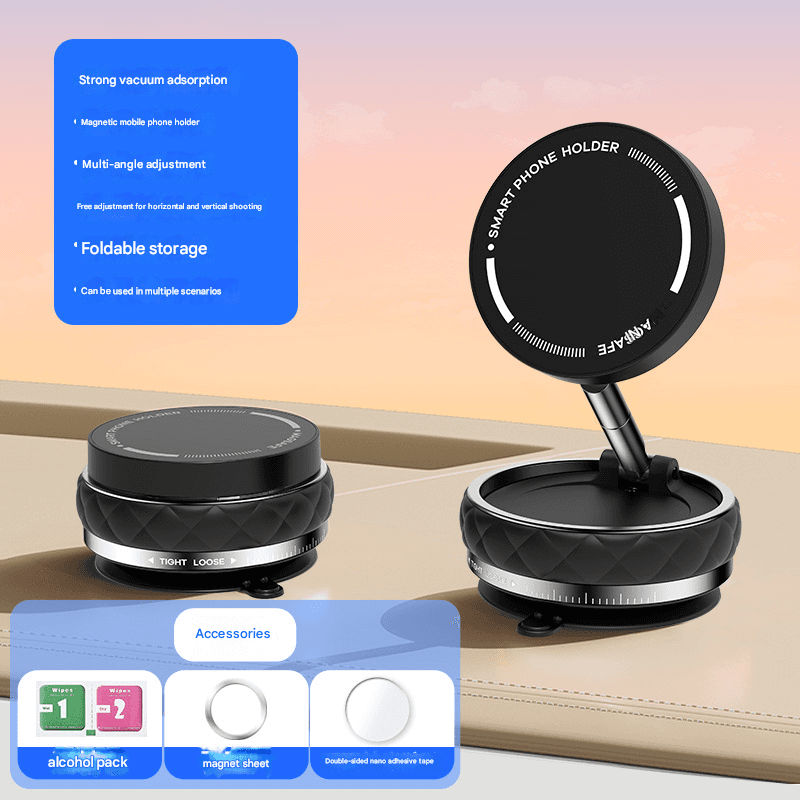 Black Foldable Magnetic Phone Holder with Vacuum Suction - Multi-Angle