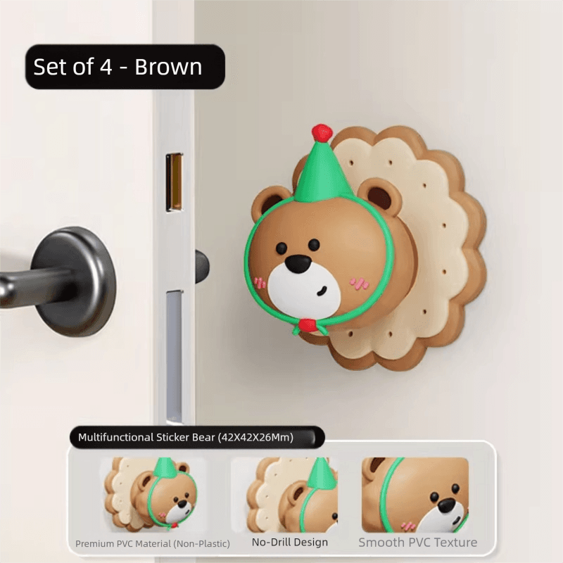4-Piece Brown Bear Wall Protector - Multi-Use Self-Adhesive Door Stopper