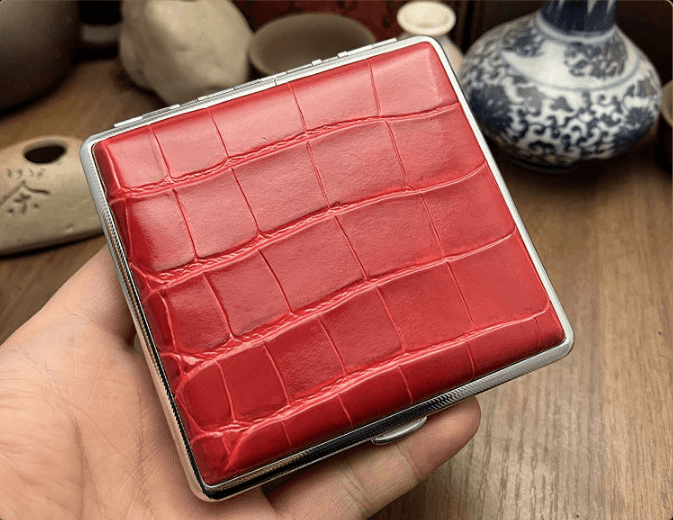 Genuine Leather Cigarette Case Red Crocodile Pattern 20 Stick - Red Metal