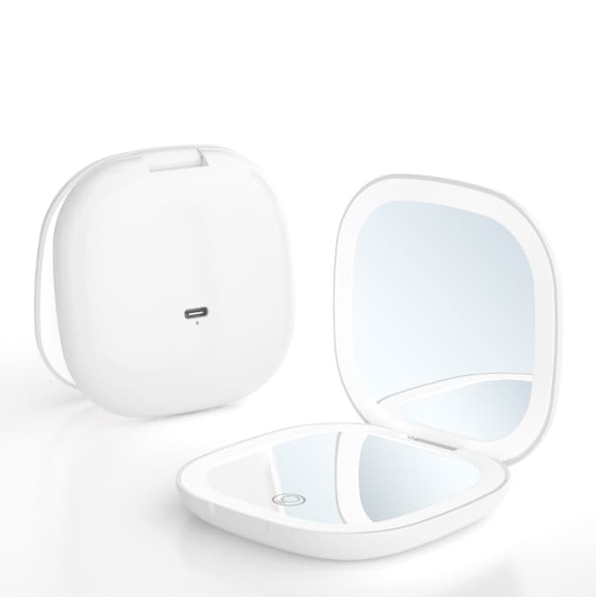 2-piece White Portable LED Makeup Mirror - Rechargeable Compact with 3-Color