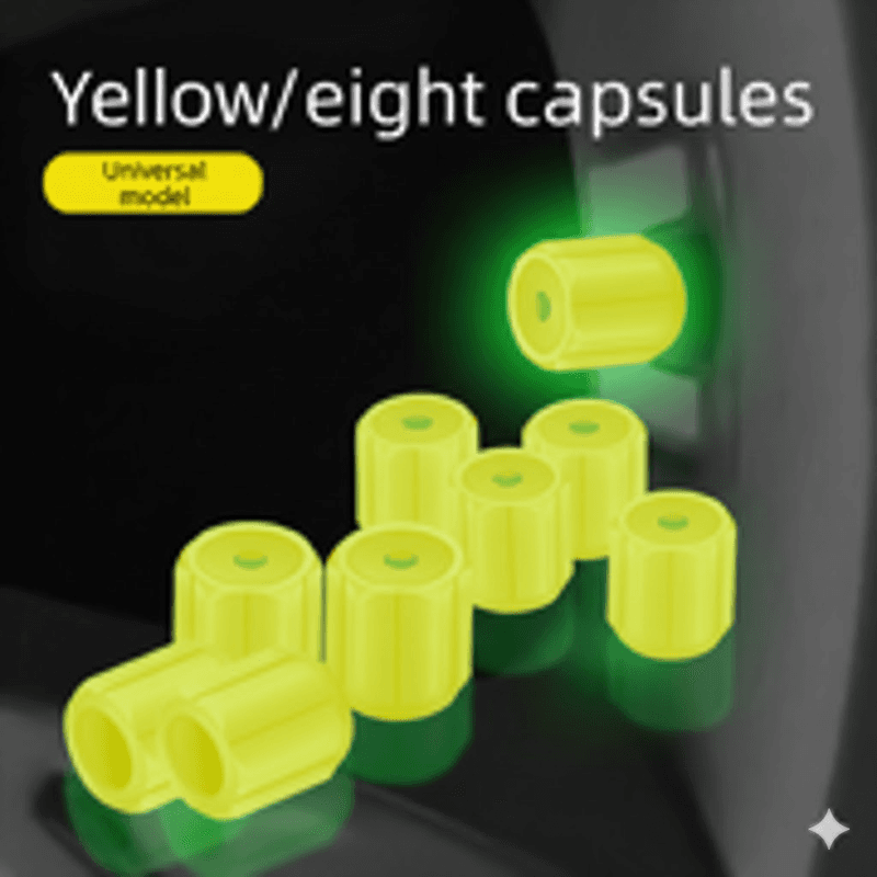 Universal Luminous Tyre Valve Caps 8-Piece Yellow Glow in Dark Dust Covers