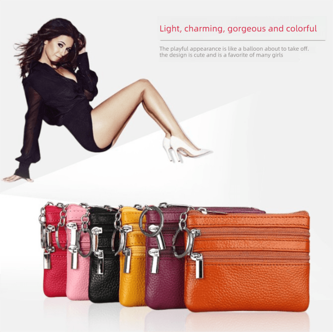 Genuine Leather Coin Purse Mini Wallet with Triple Zipper Pockets Key Ring