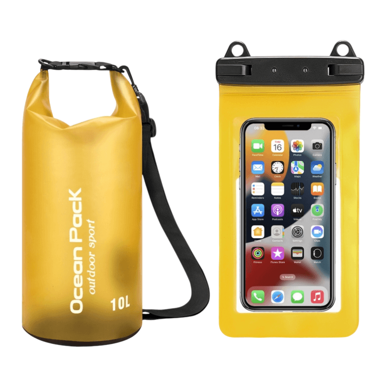 Yellow 10L PVC Waterproof Swimming Bag Bonus with Waterproof Phone Pouch
