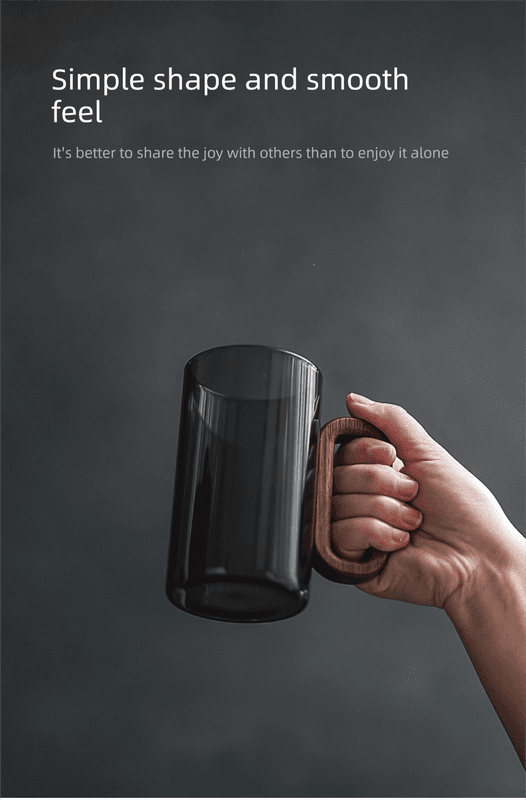 Smoky Grey Glass Tea Cup with Wooden Handle 360 ml Heat-Resistant Hand-Blown