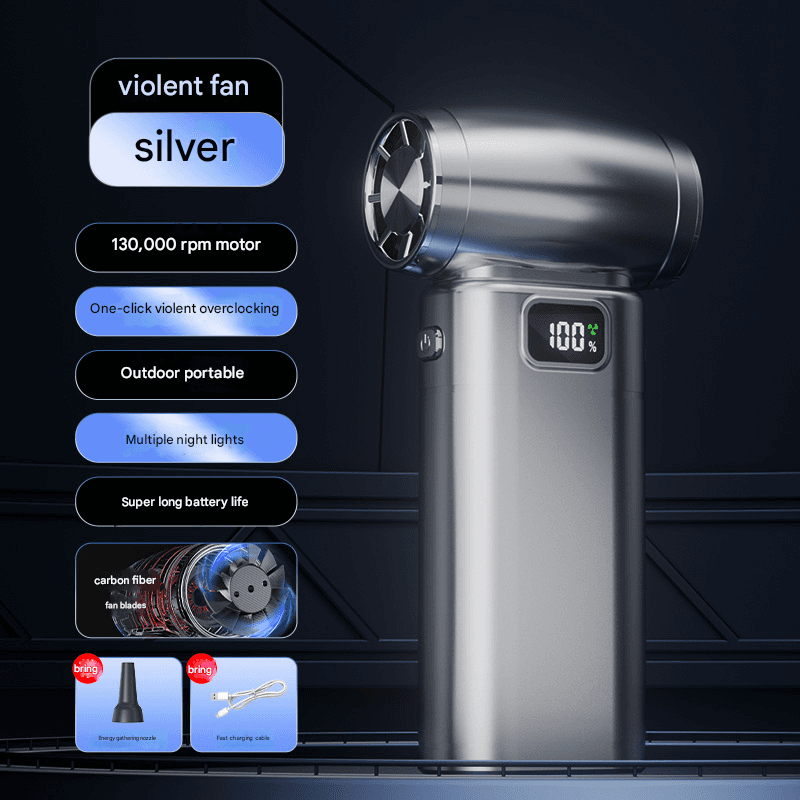Silver Portable High-Speed Turbo Fan & Air Duster - 130,000 RPM Brushless