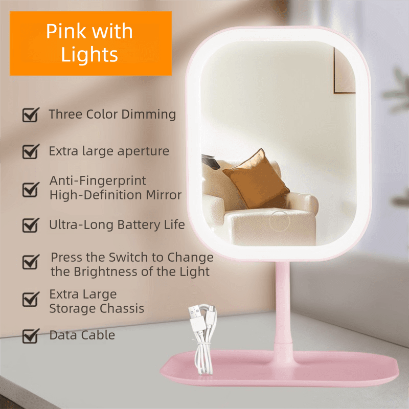 Portable LED Makeup Mirror with Integrated Fill Light & Storage - Pink
