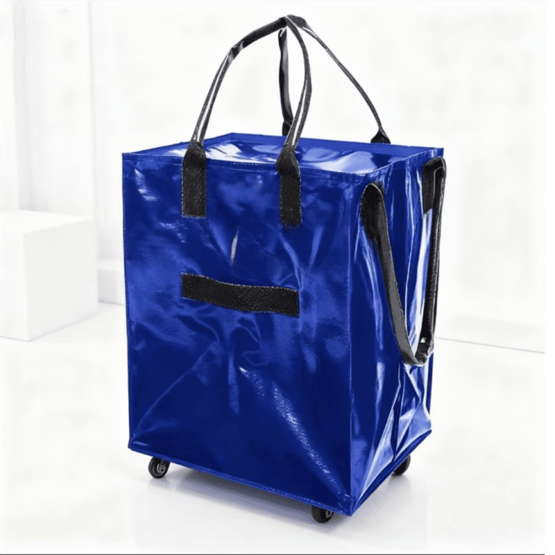 Blue Portable Folding Shopping Trolley Bag (50 × 40 × 30 cm) - Woven Fabric