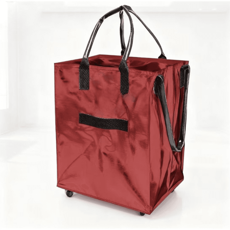 Red Portable Folding Shopping Trolley Bag (50 × 40 × 30 cm) - Woven Fabric