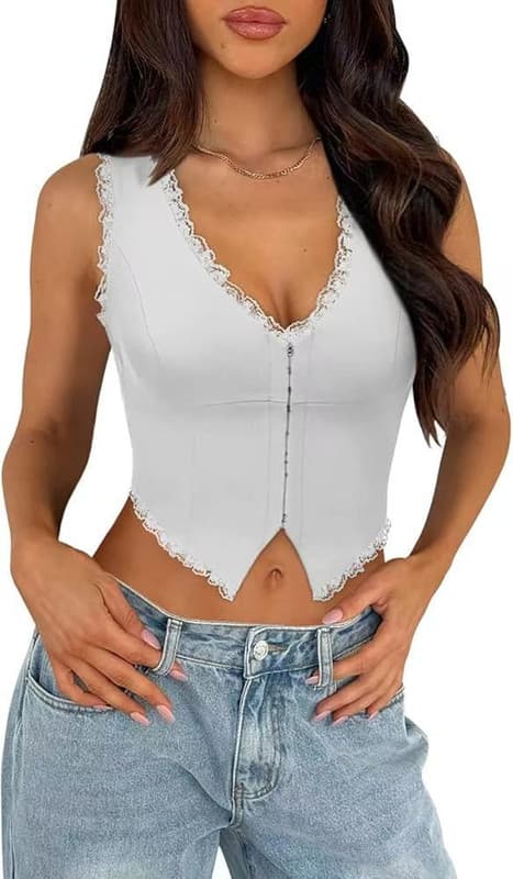 2-Pack White French Vintage Lace Splice Camisole (S Size) - Slim Fit Halter