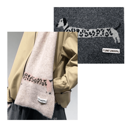 Red Korean-Style Wool Scarf with Dog Design - Unisex Knitted Winter Neck