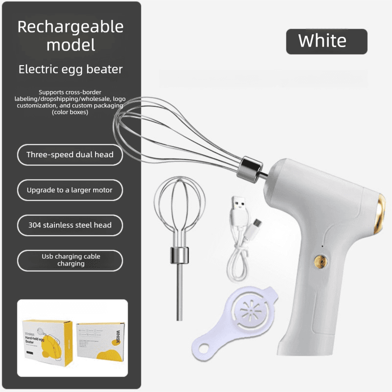 Professional 3-Speed Electric Handheld Egg Whisk and Cream Whipper - White