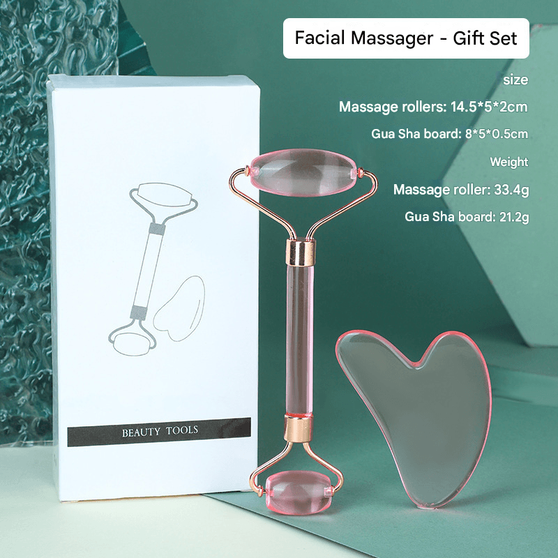 Transparent pink Dual-Head Resin Facial Roller and Heart-Shaped Gua Sha Set