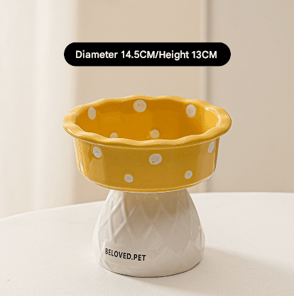 Yellow Mushroom Ceramic Elevated Cat Bowl - Anti-Vomiting & Spine Protecting